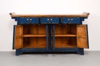Armoire en bois multifonctionnelle de style chinois antique, design Porte du Gardien vieilli, cadre bleu, laiton, pour salon