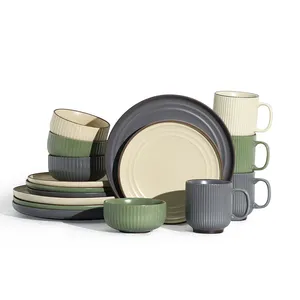 Europe 16pcs Cafe Vertical Stripe Kitchen Dinnerware Set ,Plates,Bowls,Mugs Combination Tableware Service For 4 Person (4colors)