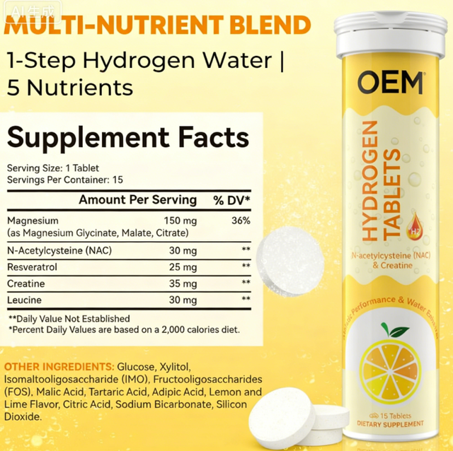 Private Label Effervescent Hydrogen Water Fast Dissolving Tablets B-Complex Vitamins Electrolytes Antioxidant Health Supplements