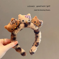 Bandeau en peluche léopard avec oreilles de chat de dessin animé, bandeau en acétate pour femmes, bandeau pour se laver le visage, bandeau pour le maquillage, nœud pour cheveux pour enfants