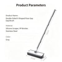Brosse de nettoyage de salle de bain double face en forme de V pour interstices de sol avec grattoir en silicone et long manche pour douche