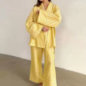 Nouveautés Offre Spéciale Automne Ensemble Deux Pièces Femme en Lin : Chemise Décontractée à Col Revers et Pantalon Taille Haute Rayé - Product Image 2