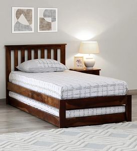 Lit simple en bois de sheesham massif de qualité supérieure avec lit gigogne intégré et rangement, cadre de lit moderne en bois avec tête de lit à lattes, mobilier - Product Image 4