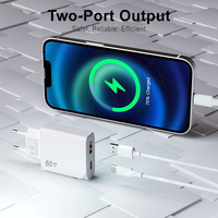 Chargeur mural USB C double port 65W GaN avec adaptateur PD, prises EU/US et câble micro USB de 1 m pour ordinateur portable, téléphone, tablette, charge rapide