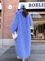 Manteau de luxe en vraie fourrure de mouton tibétain bleu périvinkle pour femme, longue veste en fourrure de mouton de Mongolie bouclée, véritable pardessus en fourrure de mouton brun