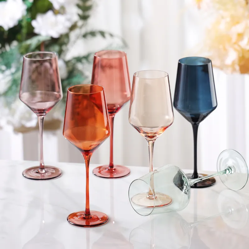 Hand blown bulk wholesale crystal colored wine stemware green rose gold coral red Amber smoke nave blue cheap coloured goblet