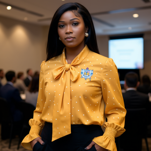 Blusa Casual de Mujer de Marca Personalizada, Dorada, de Manga Larga, con Lazo Delantero, 100% Algodón, Corte Ajustado, para Uso Diario - Product Image 2