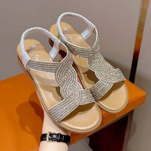 Sandalias de cuña con diamantes de imitación para mujer, antideslizantes, con correa elástica en el tobillo, cómodas, de punta abierta, ligeras, para verano y exteriores. - Product Image 6