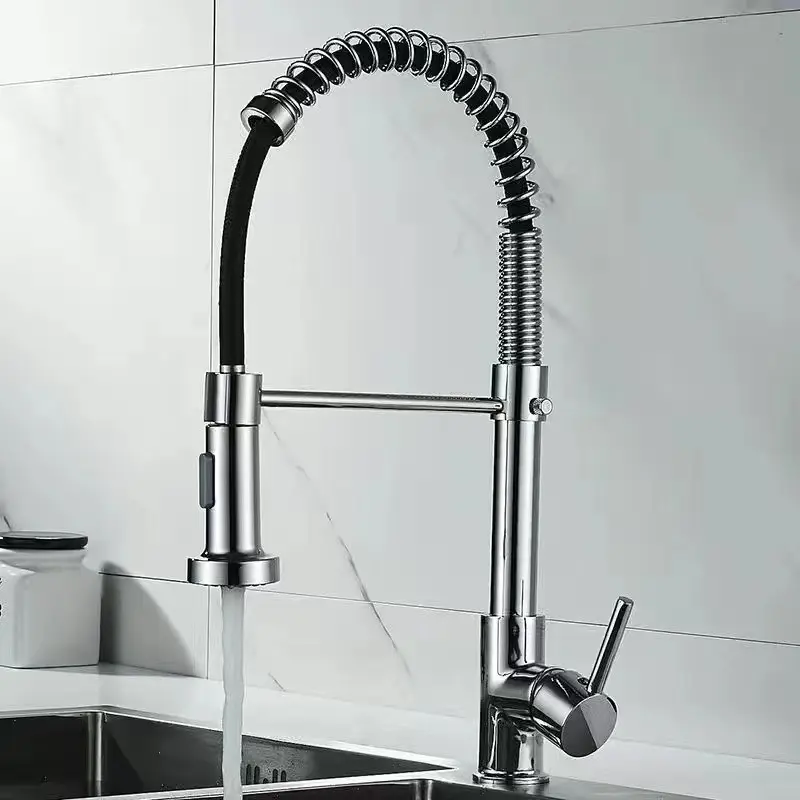 With pull down sprayer spout single handle deck mount brushed nickel spring kitchen faucet