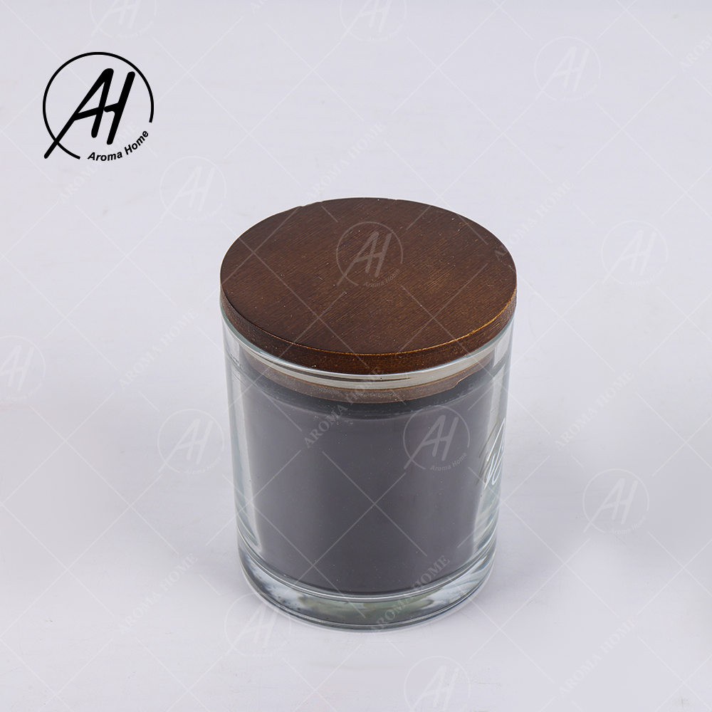 Transparent Glass Jar Brown Lid Cross Wooden Wick Soy Wax Scented Candle Black 1