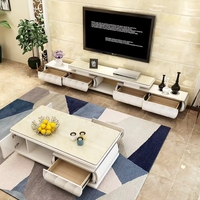 Ensemble moderne et épuré de meuble TV et table basse en marbre, avec fonction rétractable, en bois massif, idéal pour le salon, mobilier de maison en bois.