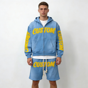 <span class=keywords><strong>Tuta</strong></span> Casual da Uomo alla Moda con Felpa con Cappuccio e Zip Oversize in Pile Azzurro e Pantaloncini con Ricamo Personalizzato Giallo - Product Image 1