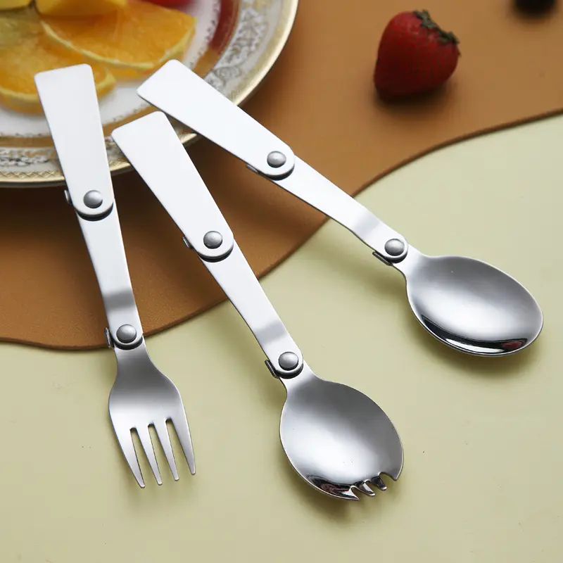 Hot Selling Fold Fork Spoon 2pcs set Camping Stainless Steel 304 Flatware Cutlery Set For Kid