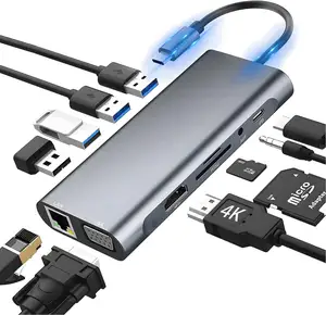 11 в 1 USB C концентратор адаптер Type C док-станция для ноутбука с VGA Etherne аудио микрофонный порт