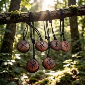 Collar con Colgante de Madera Maciza Tallada a Mano, Ecológico y Personalizado, Brazalete de Madera Maciza con <span class=keywords><strong>Runas</strong></span> Nórdicas Vikingas - Product Image 5