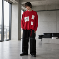 Chemise à manches longues en tricot gaufré RAMAX, style patchwork déchiré, grunge, streetwear Y2K, rouge, pour homme, coupe ample, vente en gros, personnalisable