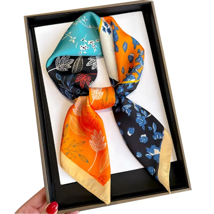 70*70 small square scarf 3D digital printed Floral satin scarf women's new professional silk scarves for 2024