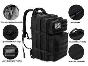 Sac à dos tactique unisexe 900D Oxford 45L, sac d'assaut 3 jours, grand sac à dos avec système Molle, fermeture éclair résistante à l'eau - Product Image 5