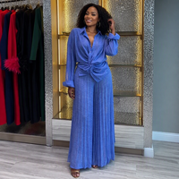 Ensemble d'été pour femme : Chemise à manches longues à revers et boutonnage simple, pantalon plissé à jambes larges, coupe ample, tenue décontractée 2 pièces