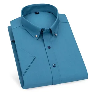 Nouveauté : Chemises habillées décontractées respirantes pour hommes, chemise élégante à manches courtes de couleur unie, élastique, pour l'été - Product Image 6