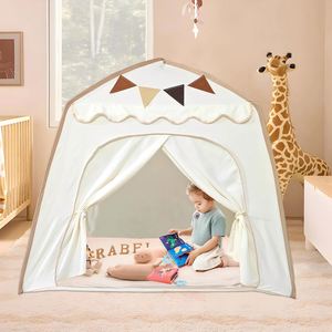 Tente de jeu dôme portable crème pour enfants, intérieur/extérieur, avec drapeaux et guirlande lumineuse étoile - Grande Vente - Product Image 2