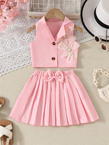 幼児女児服セット ノースリーブ3Dフラワーベストスーツコート+プリーツスカート2点セット - Product Image 3