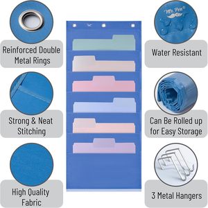Hanging Wall <b>File</b> Organizer 6 Pocket Blue With 3 Stainless Steel <b>Hangers</b> For Office Storage Behind Doors Or On Walls - Product Image 4