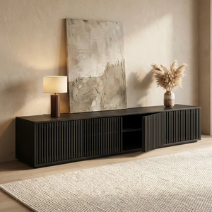Meuble <span class=keywords><strong>TV</strong></span> <span class=keywords><strong>mural</strong></span> flottant en contreplaqué sur mesure, meuble <span class=keywords><strong>TV</strong></span> cannelé moderne et minimaliste, console multimédia OEM/ODM - Product Image 2