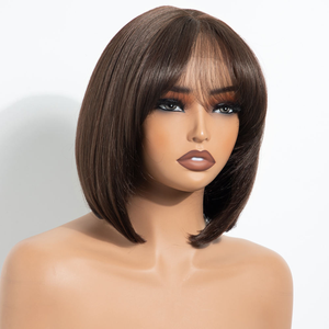 Peluca de Cabello Chino con Cierre de Encaje 4x4, Color Castaño Oscuro, Corte <span class=keywords><strong>Bob</strong></span> Recto y Corto, con Flequillo, Densidad 150%, Encaje Transparente, Ideal para Principiantes - Product Image 5