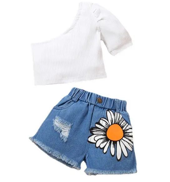 New 2pcs/set Summer Wear Pit Stripe Diagonal Shoulder Short Sleeve Top + Printed Denim Shorts For Girls Kids Clothes