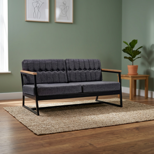 Sofá de Dos Plazas Moderno en Gris Oscuro, Tapizado, con Reposabrazos de Madera Rellenos de Espuma, Estructura Metálica, Sofá Cama para Sala de Estar - Product Image 4