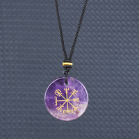 Collier pendentif boussole viking en agate de cristal naturel, symbole Vegvisir, amulette nordique ronde, cadeau en gros