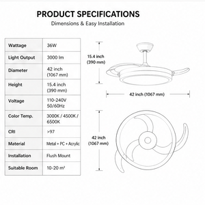 Ventilatore da Soffitto Moderno Bianco da 42 Pollici con Luce <span class=keywords><strong>LED</strong></span>, 3 Pale Trasparenti, Telecomando, Dimmerabile, 6 Velocità per Soggiorno - Product Image 6