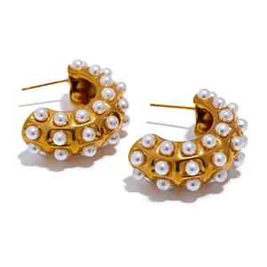 JINYOU 1727 perlas de imitación gruesas de resina de colores de acero inoxidable en forma de C pendientes de Color dorado joyería de moda Vintage Bijoux