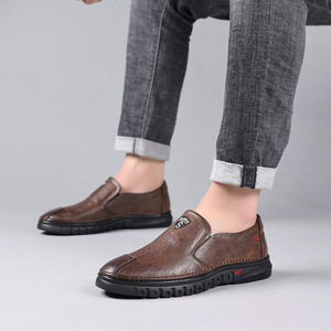 Mocassins en cuir décontractés pour hommes, à enfiler, bout rond, en cuir de vachette, semelle en caoutchouc, toutes saisons, chaussures confortables - Product Image 4