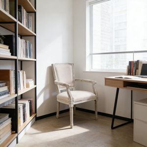 <span class=keywords><strong>Fauteuil</strong></span> en bois massif blanc cassé de style campagne française, assise en lin beige rembourrée, finition vieillie antique, meubles pour salon - Product Image 5