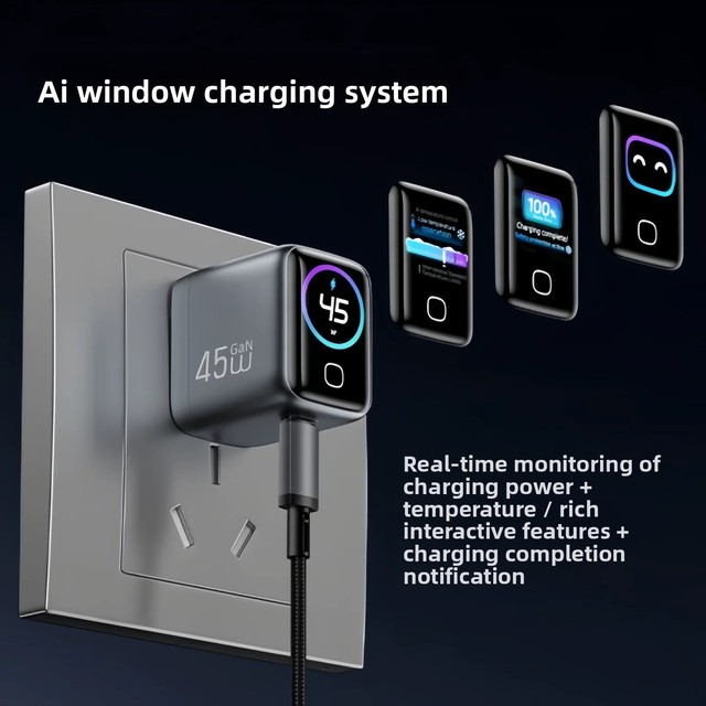For Phone Charger 45W GaN USB-C with TFT Smart Display Foldable Design Fast Charging Head Also Compatible Android Phones