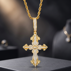Pendentif croix en argent 925 plaqué or, diamants taille brillant micro-incrustés, design religieux chrétien, style hip-hop, bijoux unisexe - Product Image 1