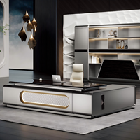 Bureau de direction futuriste moderne de luxe avec éclairage d'ambiance LED, table de patron en bois argenté haut de gamme en forme de L