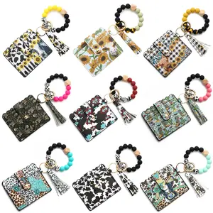PU Leather Leopard Keychain Wallet With Wristlet Bangle Bracelet Silicone Beads Bracelet Wristlet Wallet Keychain