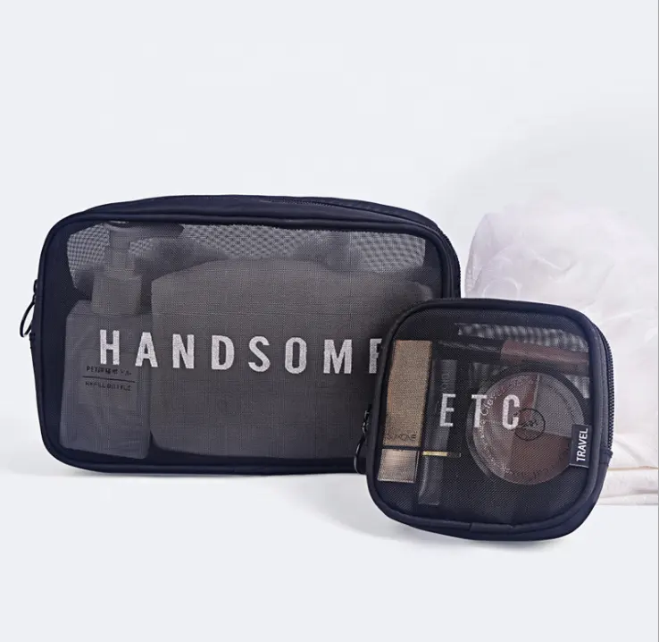 Custom Logo Travel Square Zipper Makeup Toiletry Small Sets Mesh Cosmetic Bag Black Mesh Makeup Bags