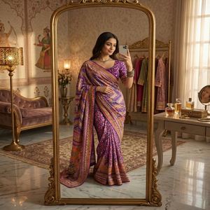 Sari en soie violette avec bordure dorée, tenue de mariage indienne traditionnelle pour femmes, longueur au sol, coupe classique, style Inde Pakistan - Product Image 1