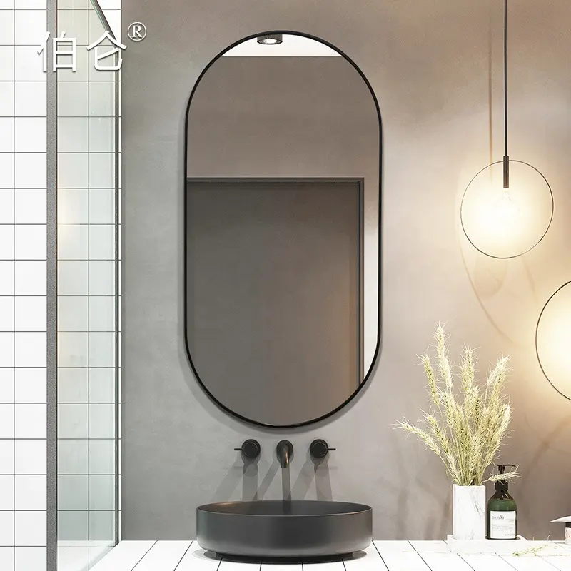 Vente en gros, miroir rétroéclairé ovale noir avec cadre métallique, miroir mural pleine longueur avec lumière LED pour salons de coiffure