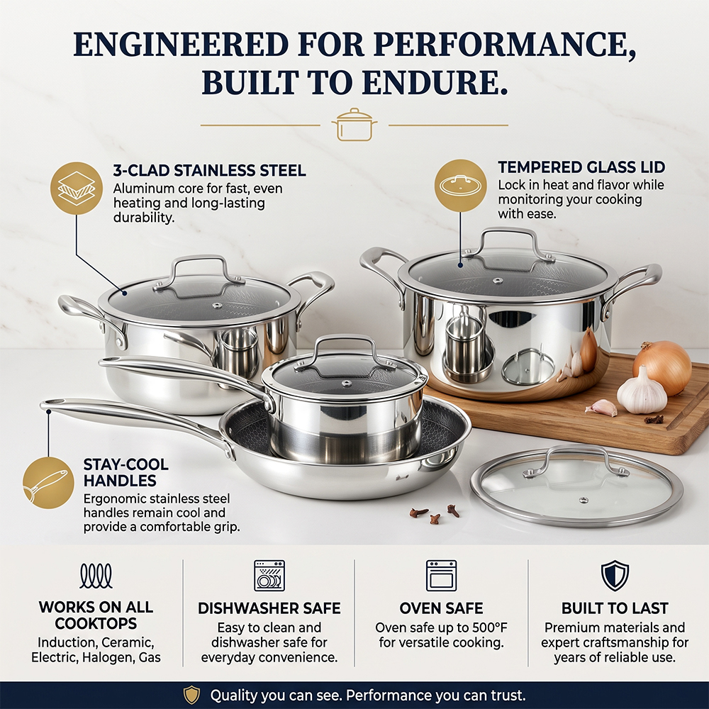 4Pcs Kitchen Induction Tri Ply 304/316 Stainless Steel Non Stick Honeycomb Cookware Set High Quality Pots and Pans Set with Lid · image 5
