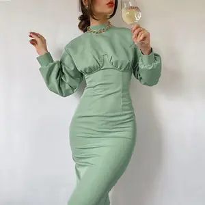 Robe mi-longue à col roulé pour femme, élégante, automne, manches longues, verte, taille haute, solide, décontractée, tunique