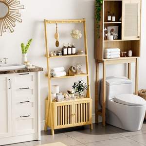 Organizador de almacenamiento de pie, estantería alta y <span class=keywords><strong>estrecha</strong></span>, estantería de bambú de 4 niveles, estante de <span class=keywords><strong>escalera</strong></span> con 6 ganchos y cajones para el hogar y la Oficina - Product Image 4