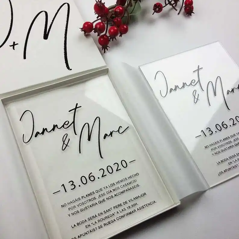 Cartões de convites de casamento em acrílico transparente para atividades comerciais, processo UV de bronzeamento criativo Nicro, desenho tipográfico personalizado