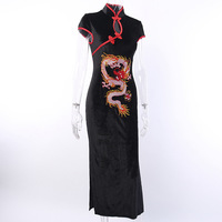 Robe longue brodée Dragon pour femme, tenue Cheongsam, taille Plus, Style foncé, robe Qipao