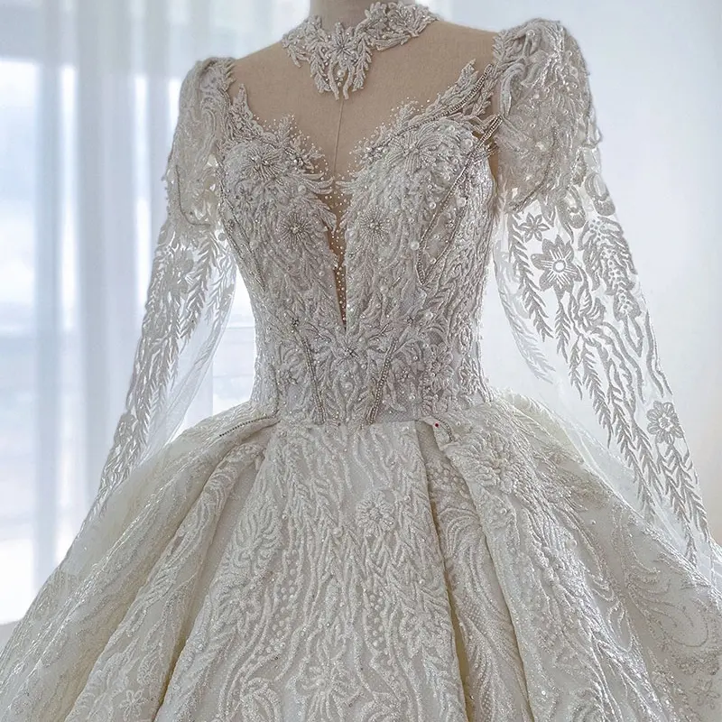 lsxy03 Hot Sale Custom 2022 Bridal Retro Lace Long Sleeve Heavy Handmade Ting White Ladies Wedding Dress