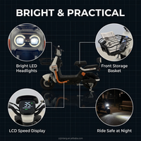 Scooter électrique 1000W à double siège, cyclomoteur urbain avec panier, 3 modes de vitesse, éclairage LED, vente en gros